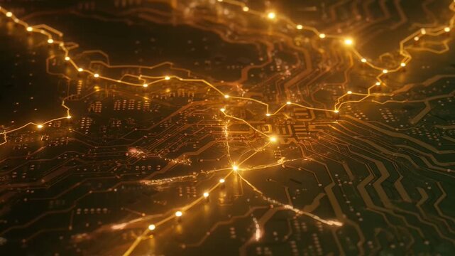 Close-up of illuminated circuit board with golden glowing pathways and bright connection nodes representing digital technology, data flow, and network connectivity.