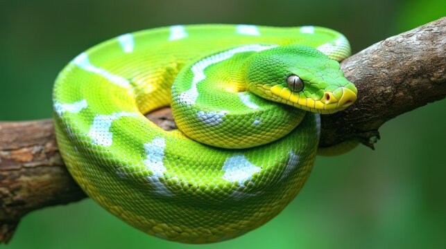 Green tree boa coiled on branch