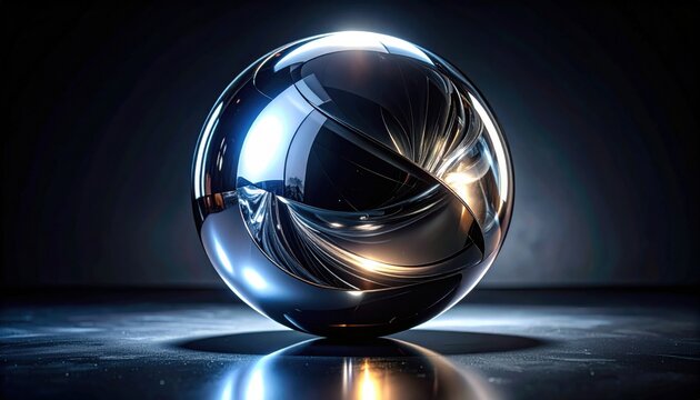 A polished chrome sphere with distorted ethereal light reflections resting on a dark surface, creating a futuristic and minimalist abstract visual display.