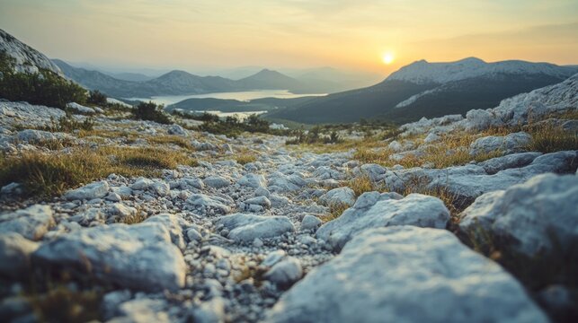 Serene Sunset over Mountain Lake: A Rocky Path to Tranquility