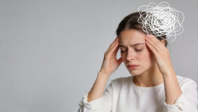 Young stressed woman holding head suffering from headache pain in temples migraine confusion anxiety mental health problem stress relief concept with doodle lines