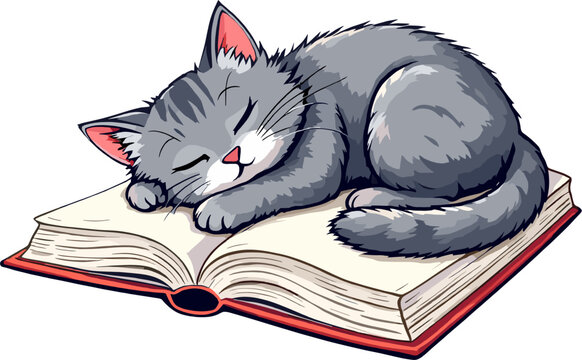 Gray sleeping kitten illustration on open book, cozy cat character, adorable animal artwork for reading theme, nursery decor, and pet lovers