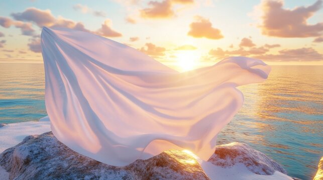 Sunset Serenity: White Fabric Flowing on Coastal Rocks