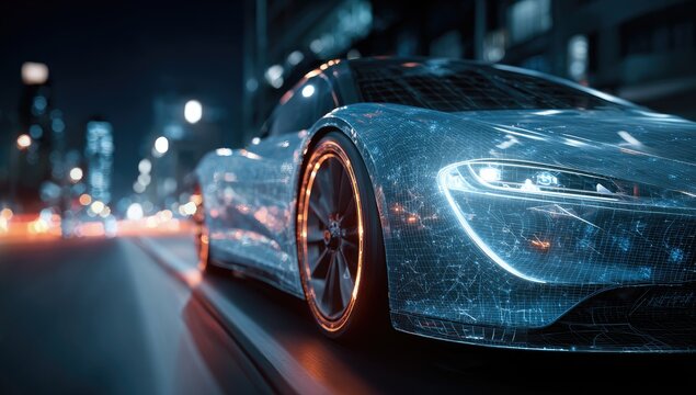 Futuristic Electric Sports Car Driving Through a Neon-Lit City at Night.