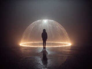 Obraz premium Personal bubble and social distancing A person stands under a protective dome shield representing mental health isolation and the need for protection from the outside world creating a safe space.