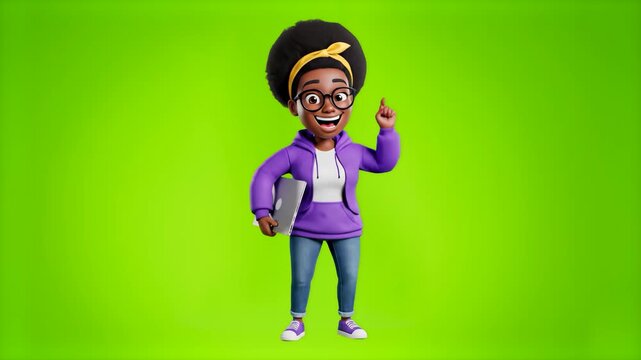 A friendly 3D animated African American woman with dark skin and an afro, wearing a purple hoodie and holding a laptop against a soft lime green backdrop. A warm and approachable character for diverse
