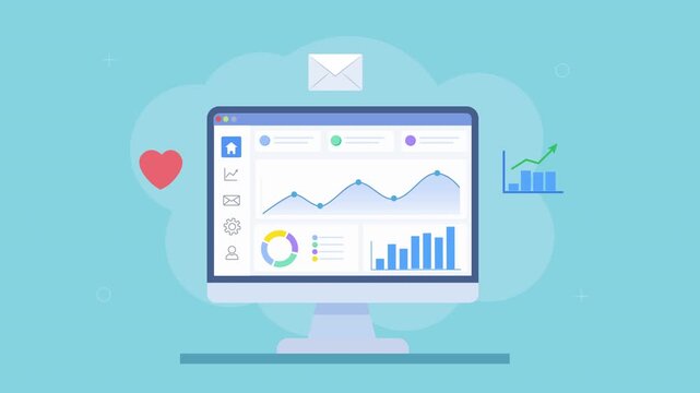 Looping flat animation of a cloud analytics dashboard with charts, message and like icons, representing communication, user engagement, and data monitoring.