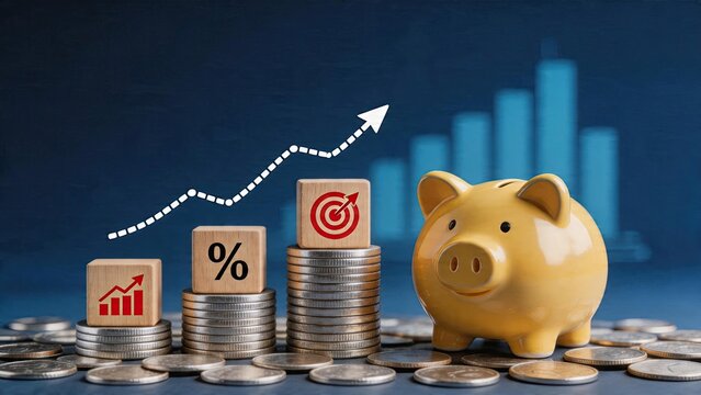 Business finance growth concept wooden blocks with graphs on stacks of coins next to piggy bank percentage sign symbol target arrow pointing upwards background charts