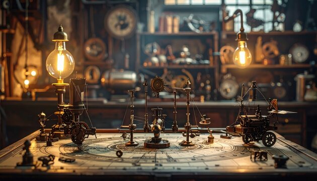 Intricate miniature steampunk clockwork contraptions and metallic sculptures arranged on a detailed workshop table illuminated by warm glowing vintage electric light bulbs in a lab.