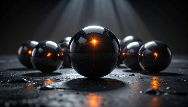 A cluster of perfectly smooth polished metallic orbs with singular intensely glowing orange light points resting on a dark textured surface creating a sleek and mysterious atmosphere.