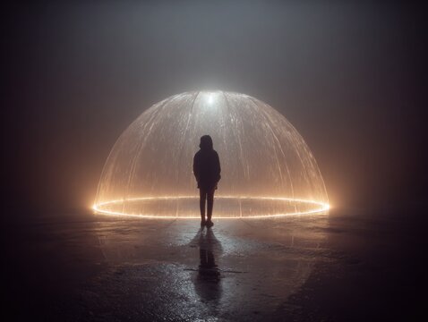 Personal bubble and social distancing A person stands under a protective dome shield representing mental health isolation and the need for protection from the outside world creating a safe space.