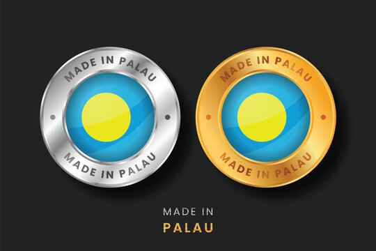 High-quality gold and silver circular labels with the Palau flag. Made in Palau emblems ideal for local business, exports, and authentic product manufacturing origin certification.