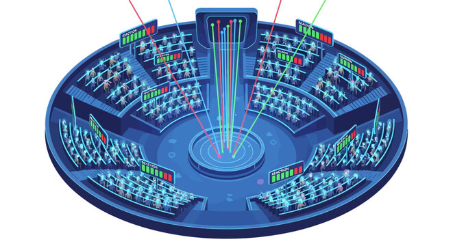 Blue circular auditorium seating arrangement with colorful lines