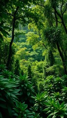 Fototapeta premium Lush Tropical Jungle Landscape With Dense Green Foliage