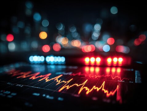 Market volatility and economic uncertainty showing a stock market chart with a red downtrend line The chart is reflected in the city lights at night representing financial risk and investment.