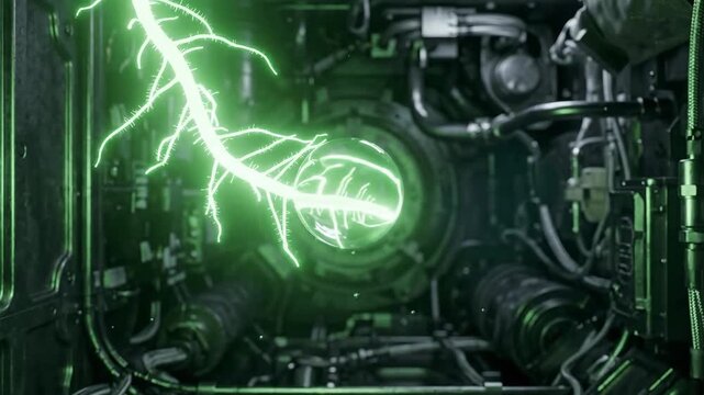 Cinematic sci-fi shot of a glowing green organic neuron root touching a floating water drop in zero gravity inside a dark spaceship laboratory