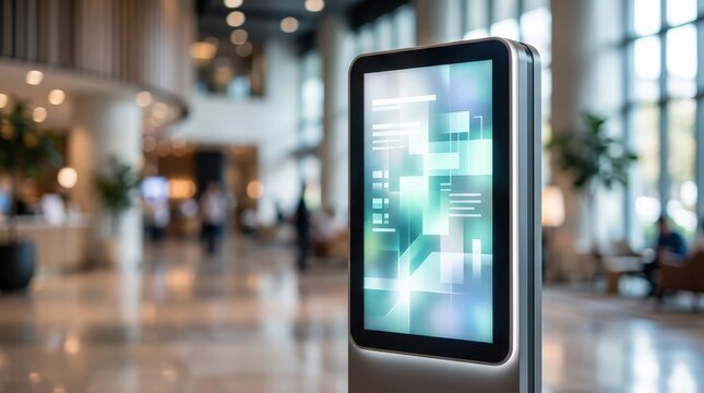 Medium shot of a digital kiosk in a building lobby screen detailing suite availability with surrounding waiting area blurred to emphasize technology.
