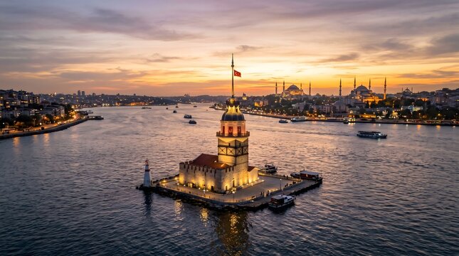 Aerial View of the Maiden's Tower (Leander's Tower) on the Bosphorus at Sunset