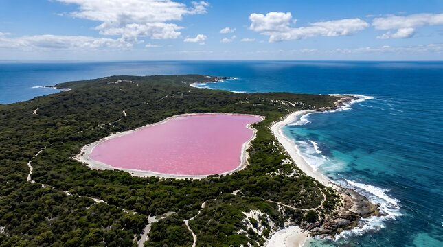 Aerial View of Pink Lake Hillier on Middle Island Australia.