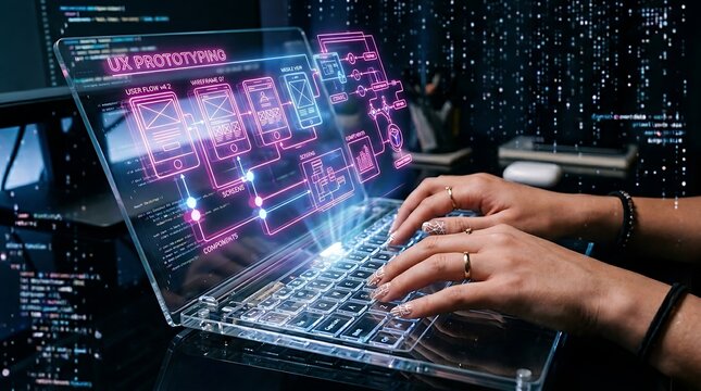 Person using laptop with ux prototyping interface on screen in dark room with code on monitors