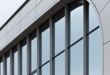 Fototapeta na wymiar Modern office building facade with glass windows and curved architectural detail. Clean exterior lines create a contemporary commercial property look.