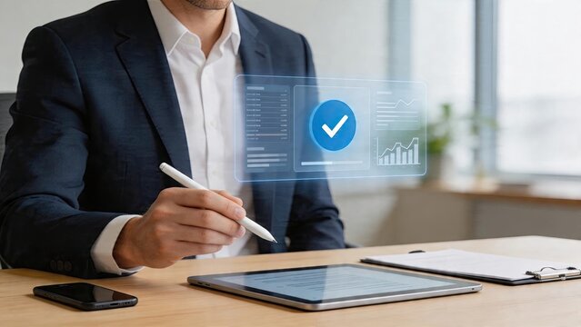 Businessman holding digital tablet pen writing in office with holographic interface showing success checkmark data analytics chart graph growth rising trend finance statistics