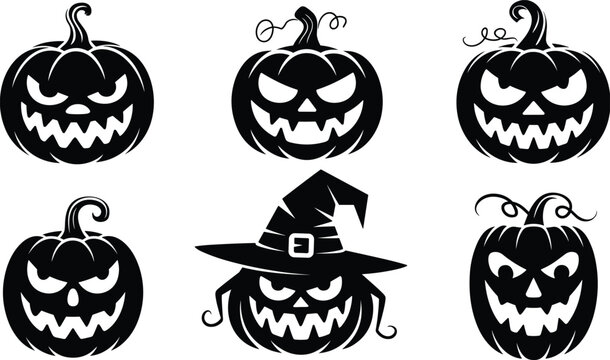 Spooky Halloween silhouette collection with haunted house, flying witch, scary jack o lantern pumpkins, and creepy cemetery graveyard vector illustration set.