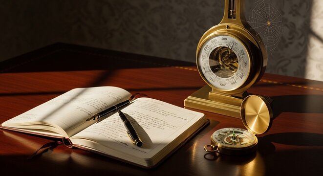 Vintage Open Book With Pen and Antique Compass on Wooden Desk.