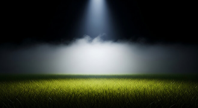 Dramatic spotlight beam shining down on empty green grass field in dark foggy night atmosphere with light beam