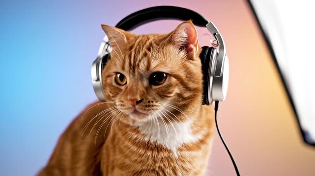 A curious orange cat wearing headphones sits in front of a colorful background in this adorable video.