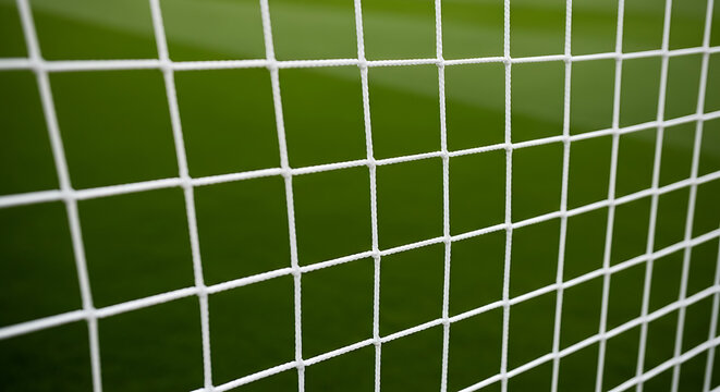 Close up of white soccer goal net texture against blurry green grass pitch on professional field
