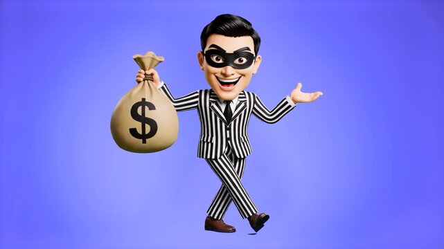 A 3D animated character of a stylized robber in a pinstripe suit and mask, joyfully holding a large money bag with a dollar sign on a blue background. This graphic is suitable for financial fraud warn