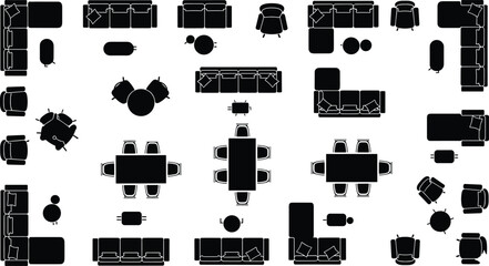Top view living room furniture silhouettes set with sofas armchairs dining tables and chairs for interior design floor plan layout, © SUMAIYA