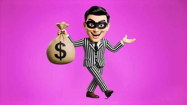 A charismatic 3D stylized burglar wearing a black mask and a striped suit, holding a large sack with a dollar sign. The background is a solid, vibrant magenta-purple, providing a high-energy and playf