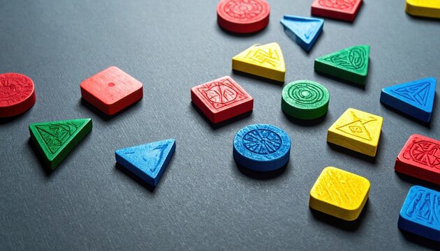 An assortment of colorful engraved wooden strategy markers and gaming tokens arranged on a dark surface, representing tactical planning and interactive tabletop board game components.