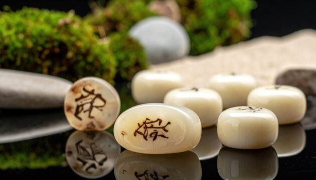Polished ivory tokens with elegant black calligraphy inscriptions arranged on a glossy black lacquered surface, featuring ornate carved details for a sophisticated game.