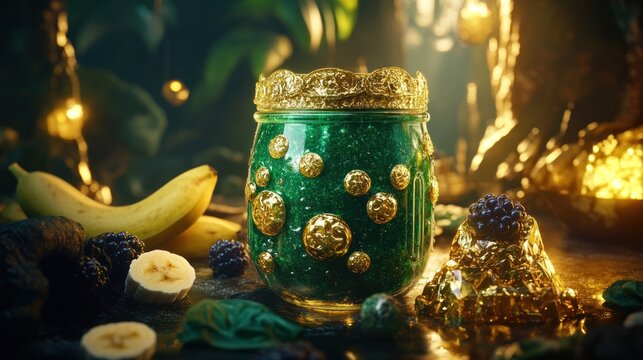 Mystical Green Smoothie in a Golden Jar: A Tropical Jungle Elixir
