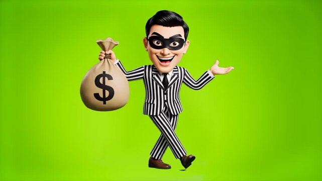 A funny 3D animated thief character in a striped suit and mask, holding a large burlap sack with a dollar sign. Ideal for security branding, financial crime metaphors, and playful banking advertisemen