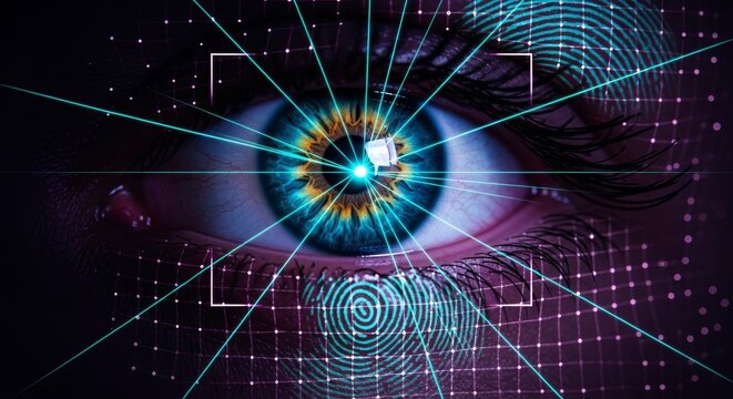Close-up of futuristic eye scan with biometric fingerprint and facial recognition technology
