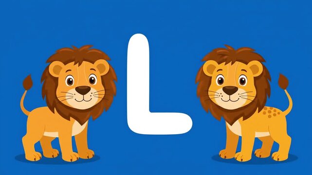 A video featuring cartoon lions standing on a blue background with a large white letter L, showcasing a fun and educational video for kids about animals and alphabet.