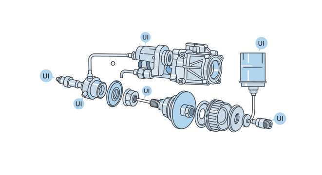 Detailed technical drawing of disassembled mechanical device with labeled parts on a white background.