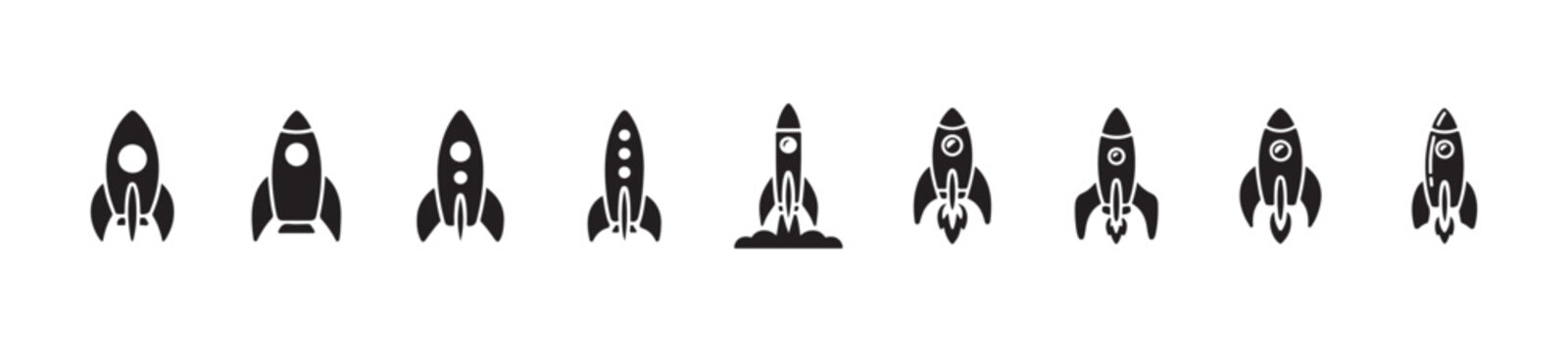 Ten distinct flat black rocket ship icons illustrating different styles from simple shapes to detailed launch sequences