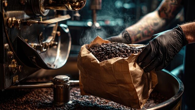 Freshly Roasted Coffee Beans Being Poured from a Paper Bag into a Roaster.