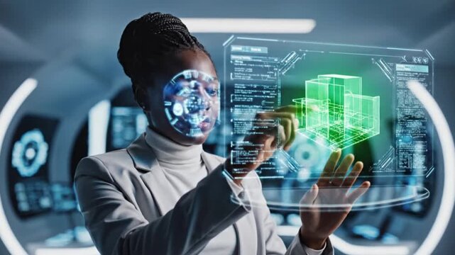 A woman in a futuristic laboratory interacting with a holographic display video