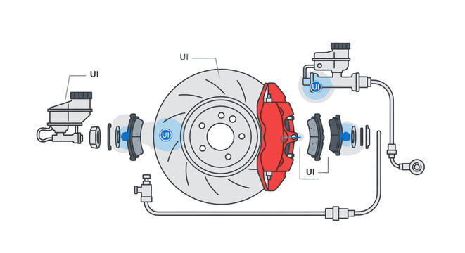 Detailed diagram of a car's brake system with labeled components on a clean white background.