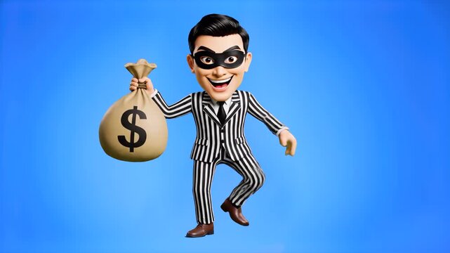 A funny 3D animated thief character in a striped suit and mask, holding a large burlap sack with a dollar sign. Ideal for security branding, financial crime metaphors, and playful banking advertisemen