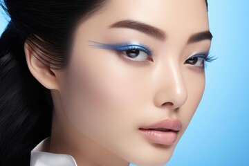 Fototapeta premium Asian woman showcasing blue eyeliner and eyeshadow for beauty and style