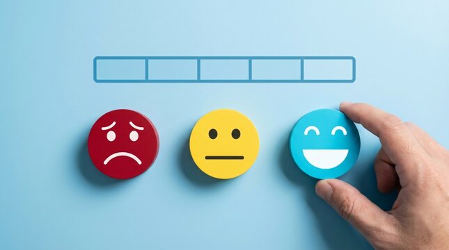 Hand placing happy smiley face on rating scale with sad and neutral faces