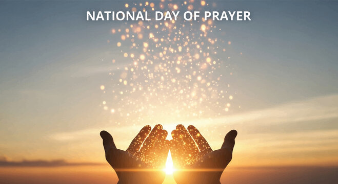 National Day of Prayer, spiritual hands, sunset background, glowing light