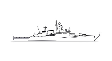 Obraz premium Modern Warship Outline Drawing - Naval Destroyer Silhouette